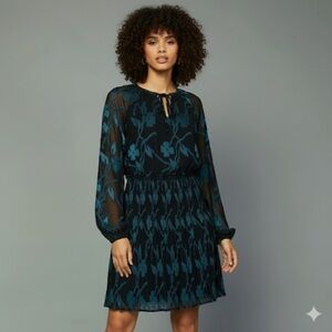 Current Air Teal and Black Long Sleeve Dress Floral Wedding Guest